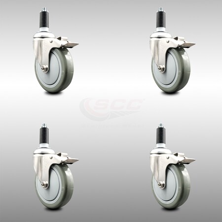 Service Caster 5 Inch 316SS Gray Poly Swivel 1-3/8 Inch Expanding Stem Caster Set Lock Brake SCC-SS316TTLEX20S514-PPUB-138-4